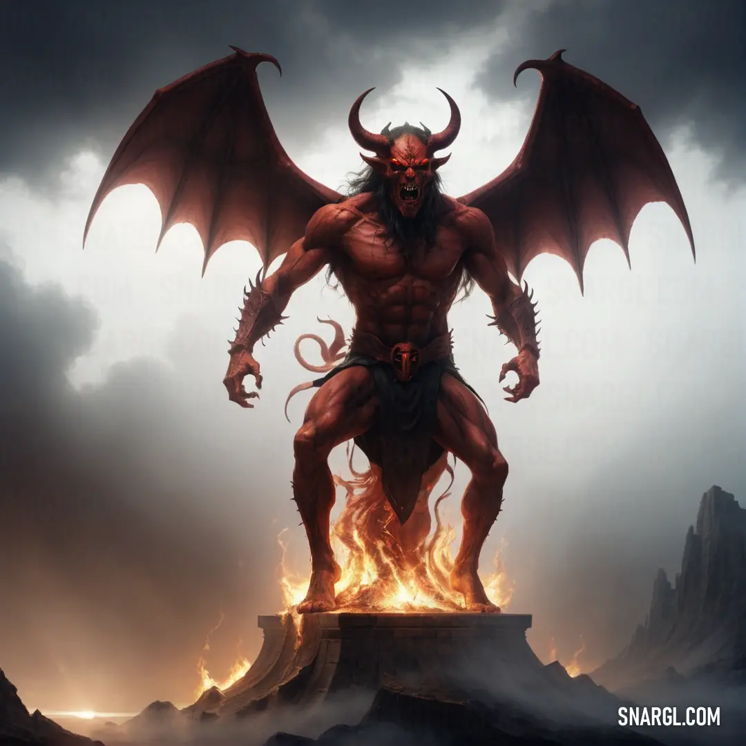 Satan standing on a pedestal with a huge Satan on it's back and wings spread out