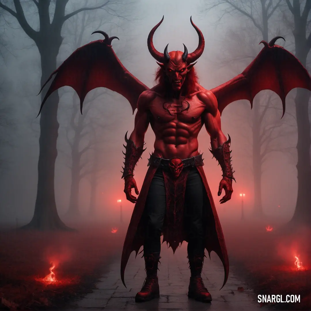 Satan with horns and horns standing in a foggy forest with red lights on the ground and trees