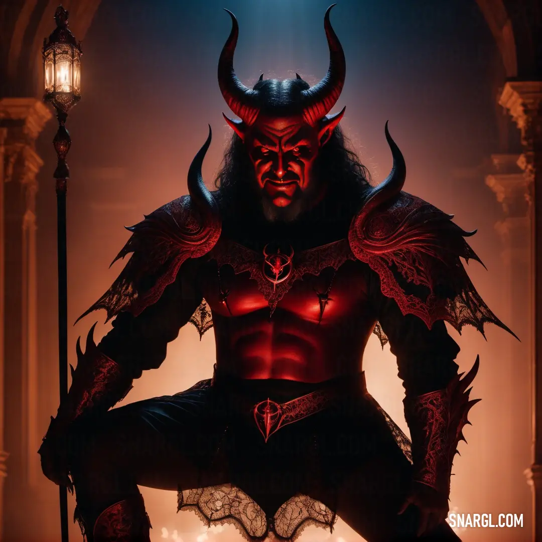 Satan with horns and a demonish outfit is on a lamp post in a dark room with a light shining on him