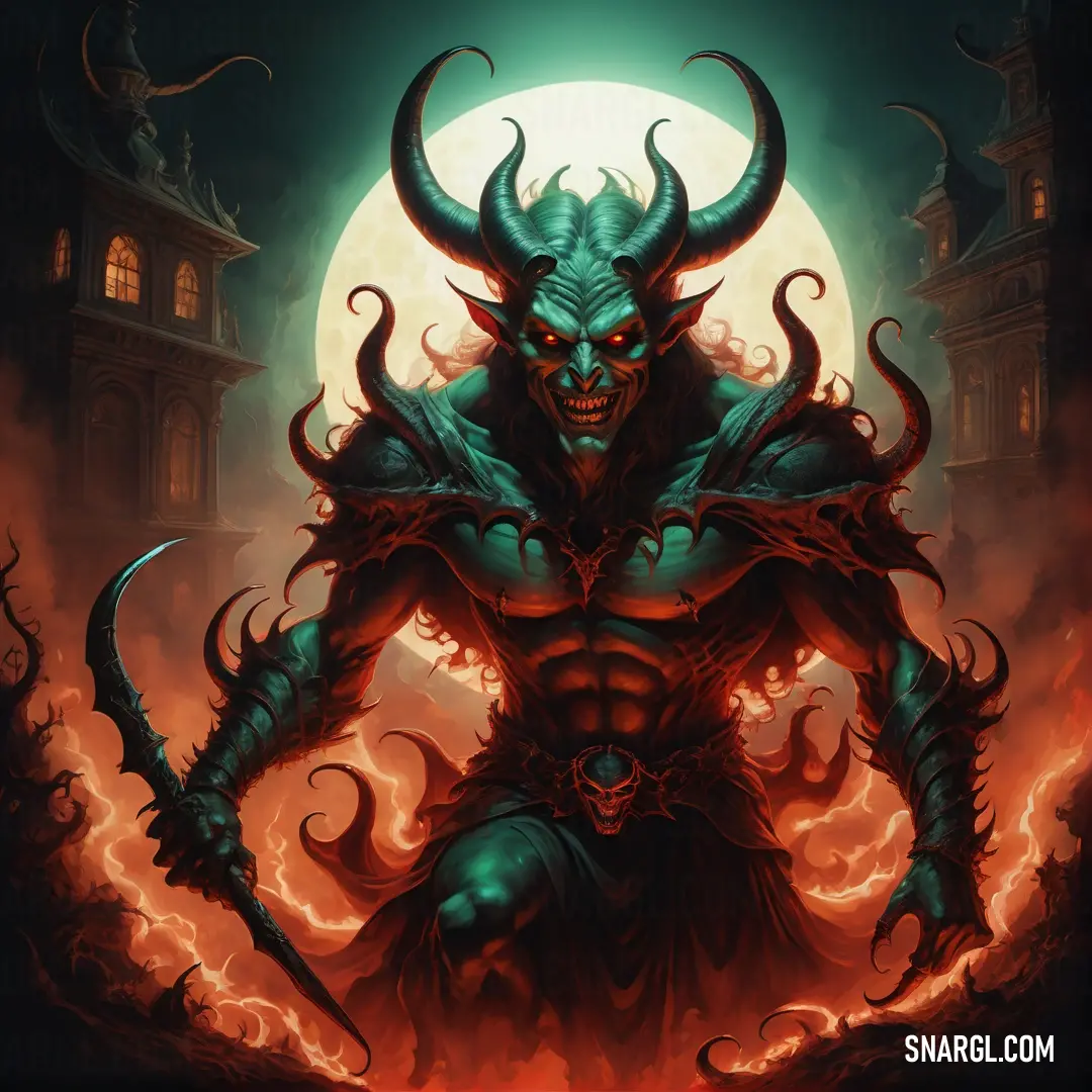 Satan with horns and a Satan face on it's chest