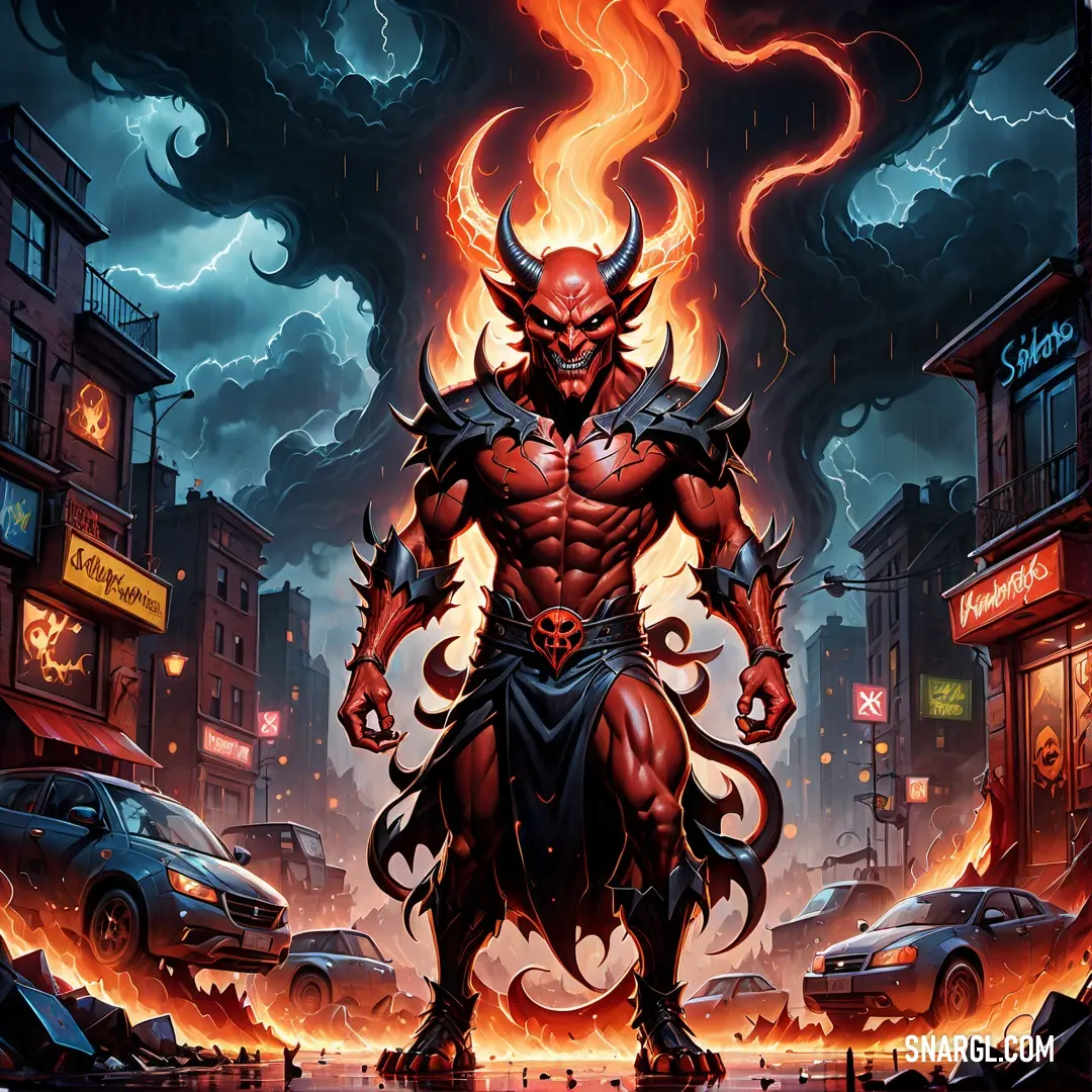 Demonic Satan standing in a city street with a fireball in his hand and a car in the background