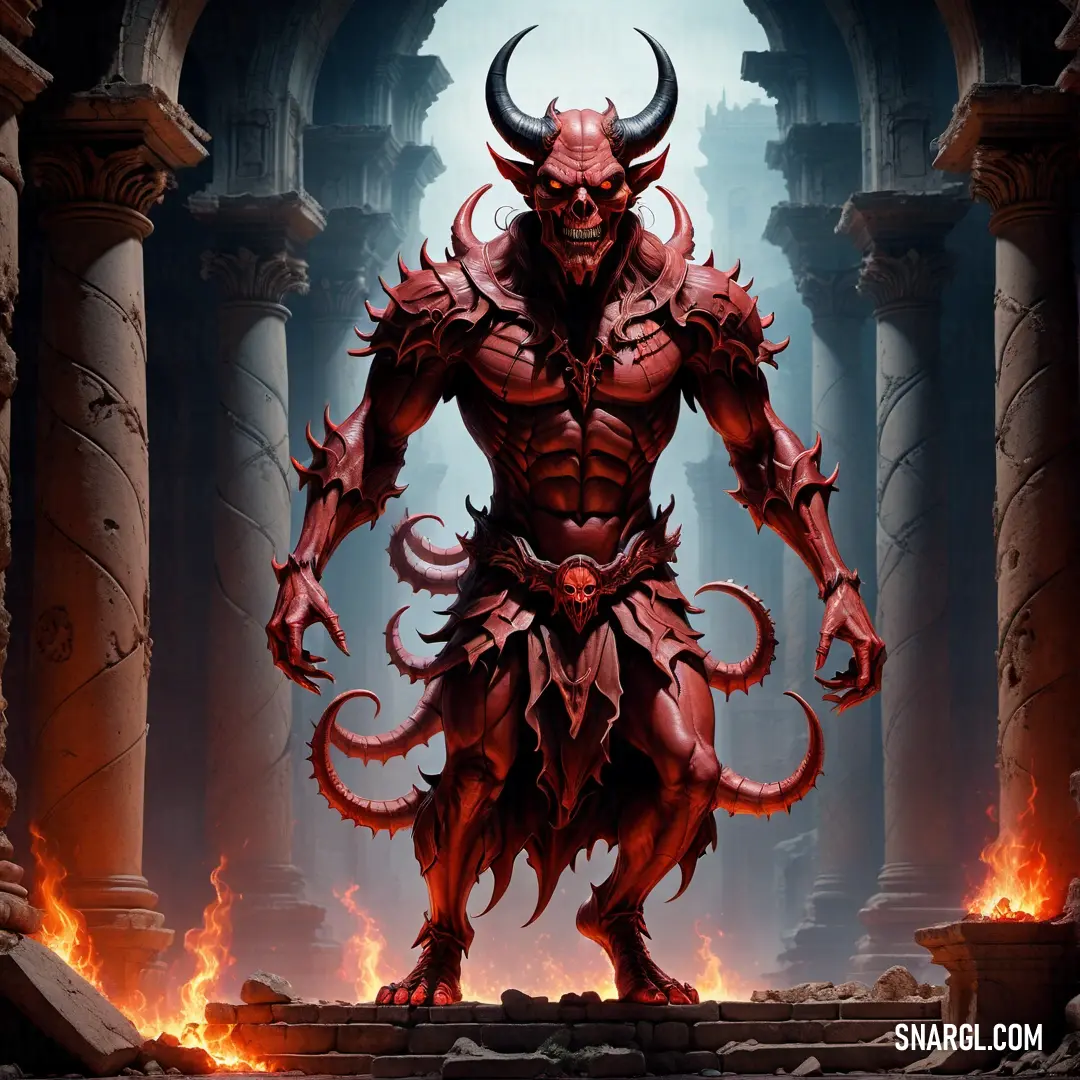Demonic Satan standing in a doorway with flames around him and a Satan on his back
