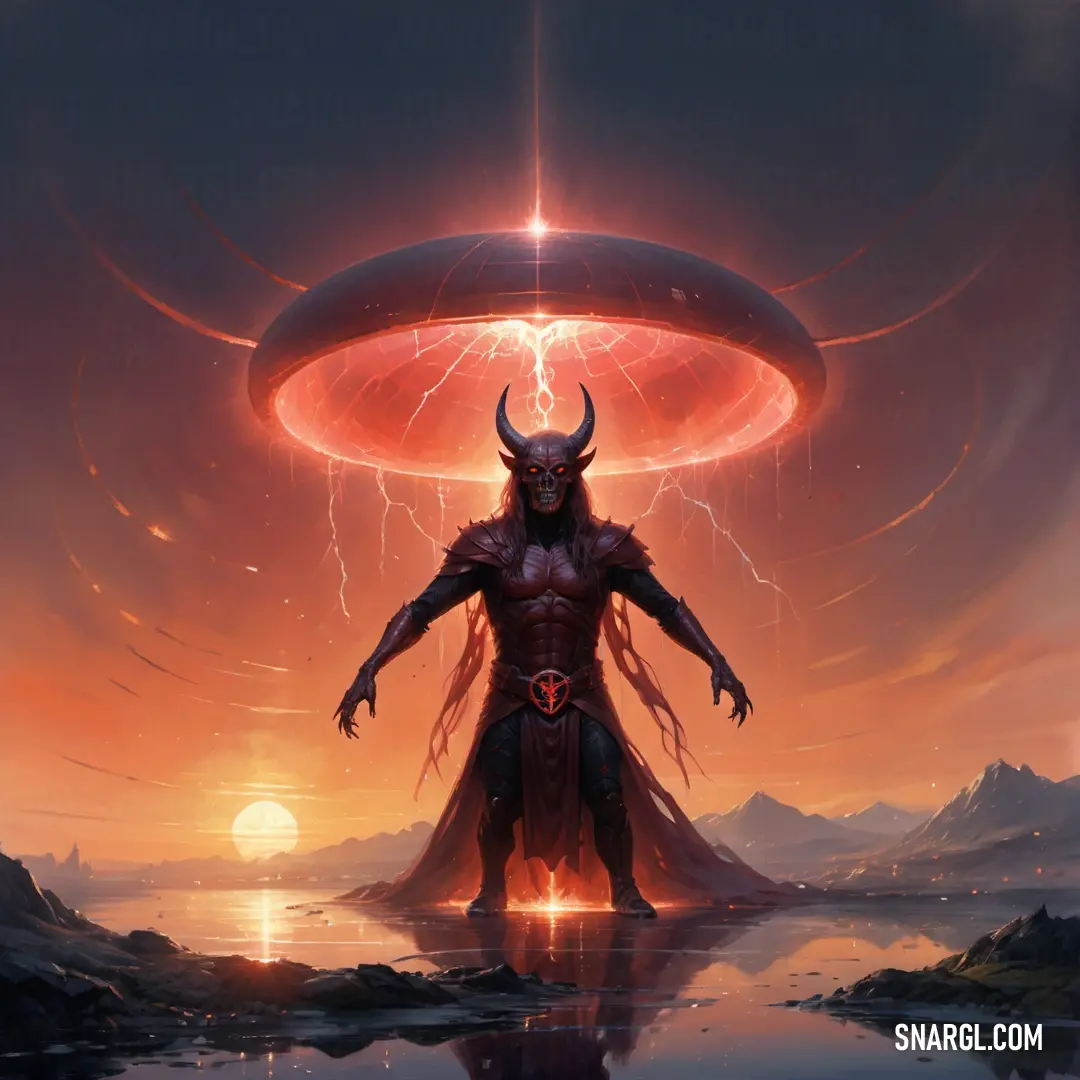 Demonic Satan standing in front of a giant alien disc in a surreal landscape with a bright red light