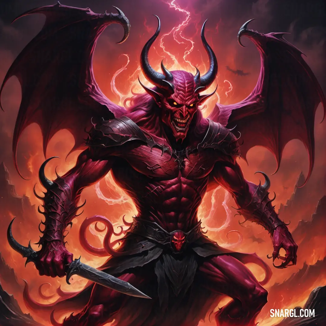 Demonic Satan with a sword in his hand and a Satan on his back with a lightning behind him