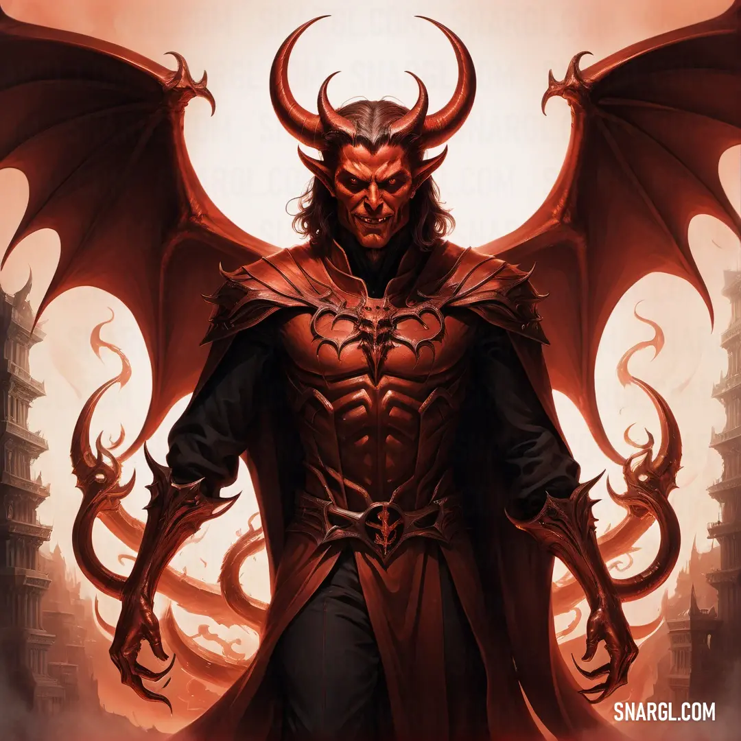Demonic Satan with horns and a cape on his head standing in front of a cityscape with a red light