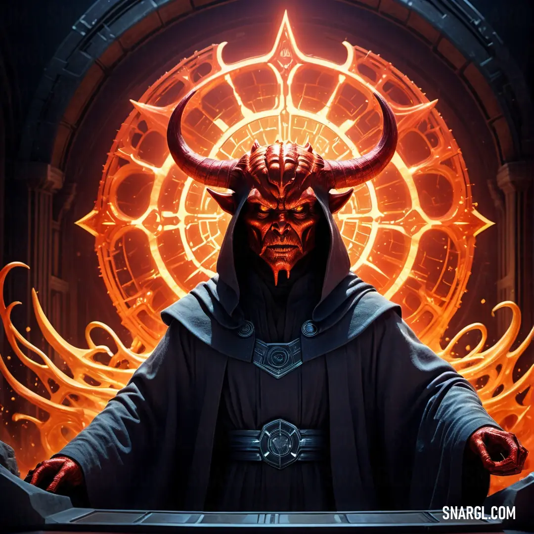 Demonic Satan with horns and a robe on holding a sword in front of a circular background with orange lights