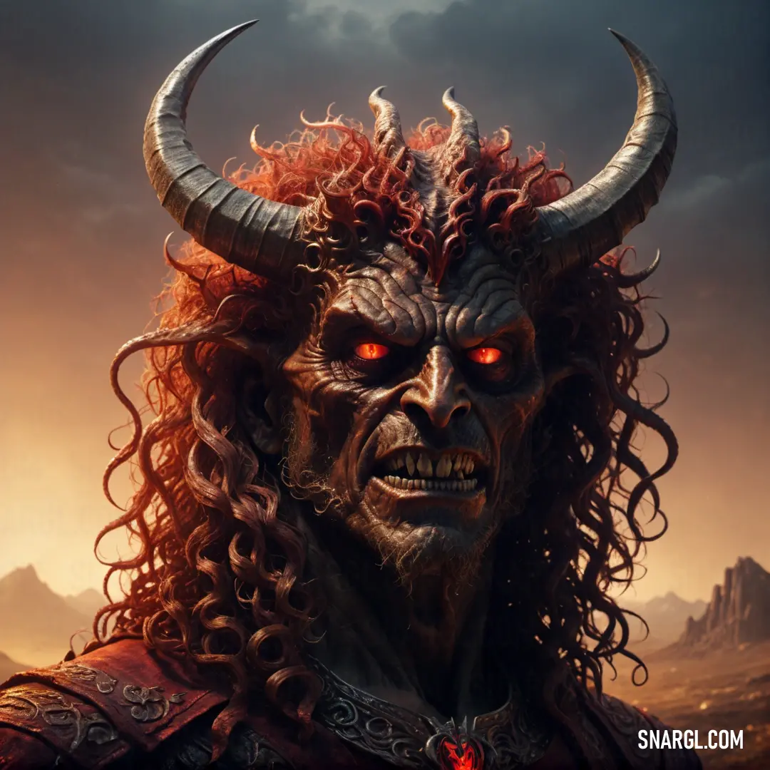 Demonic looking male Satan with horns and long hair in a desert setting with a sky background