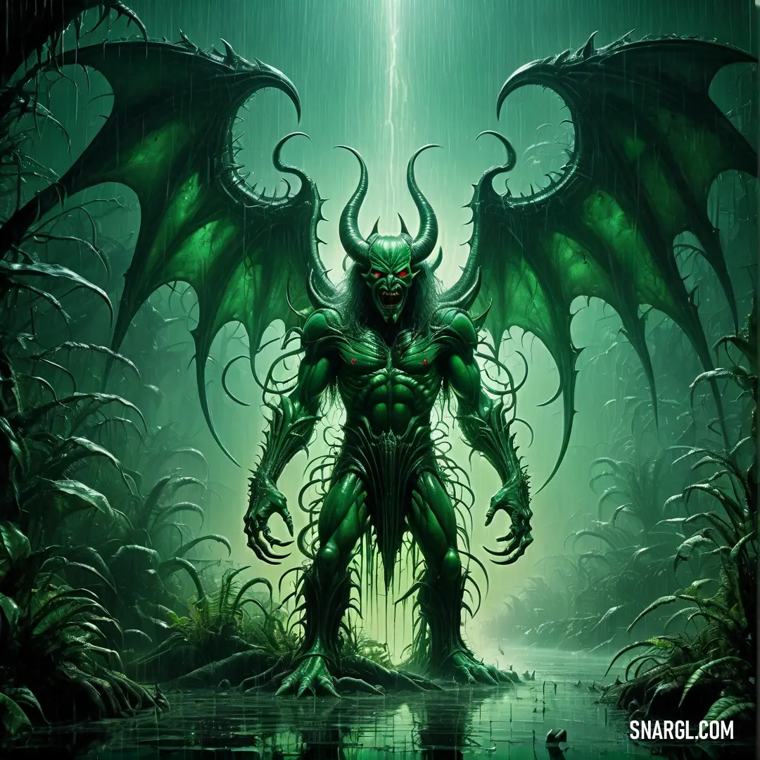 Green Satan standing in the middle of a forest with a light shining on it's face and wings