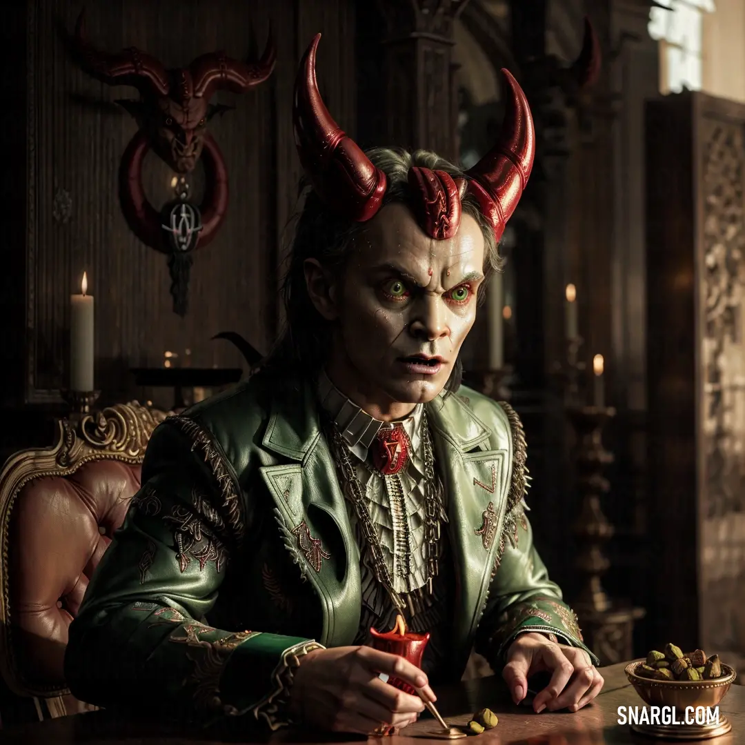 Satan in a green jacket with horns on his head at a table with a candle and a cup