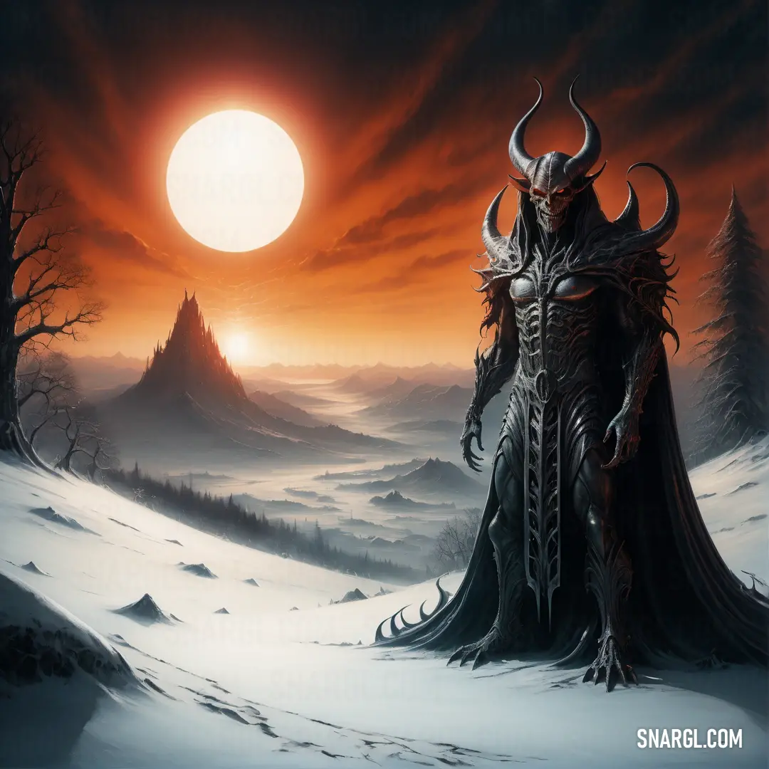 Satan in a horned costume standing in a snowy landscape at sunset with a mountain in the background