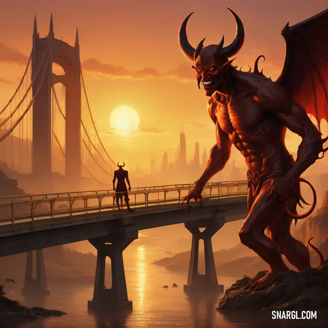 Man standing on a bridge with a Satan on it's back and a Satan on his arm