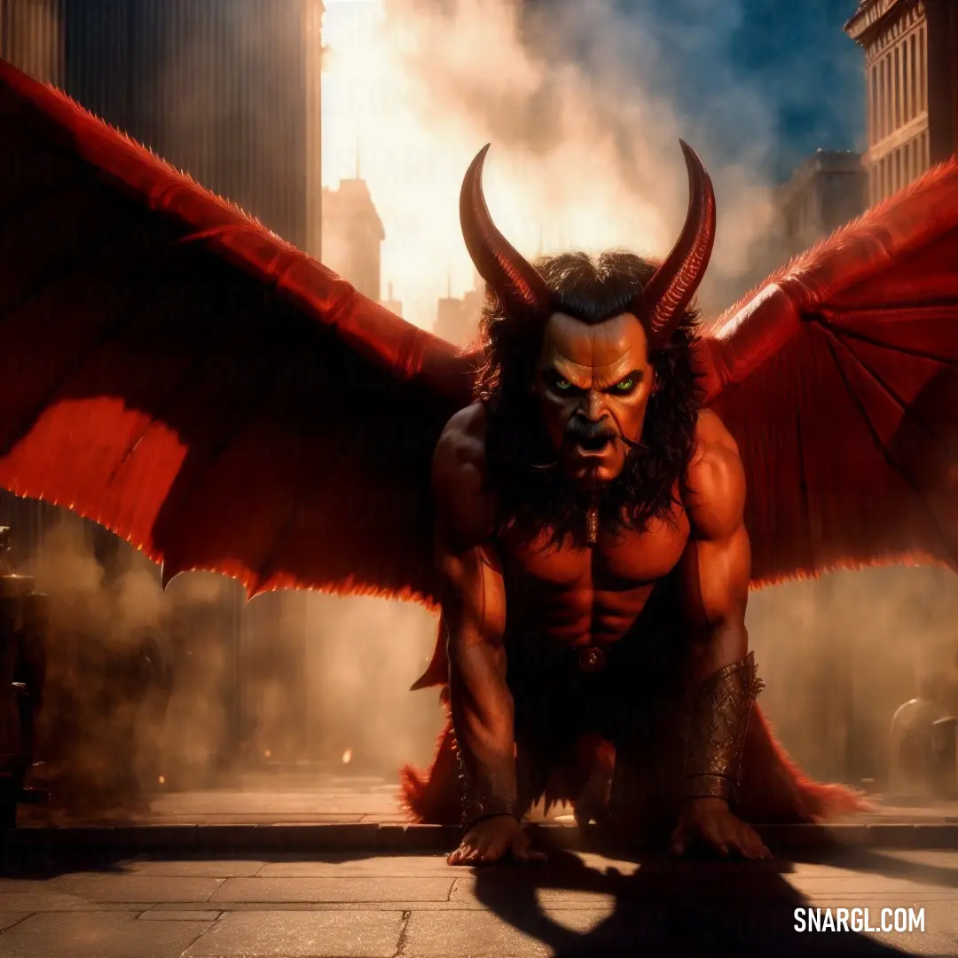 Man with a Satan like face and huge wings on his body is kneeling down in a city street