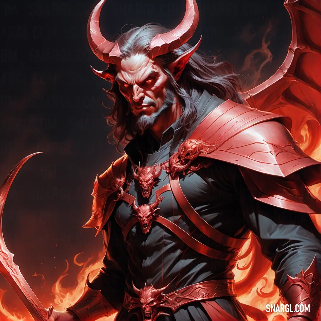 Satan with horns and a horned face holding a sword and a flamey background is shown in the foreground