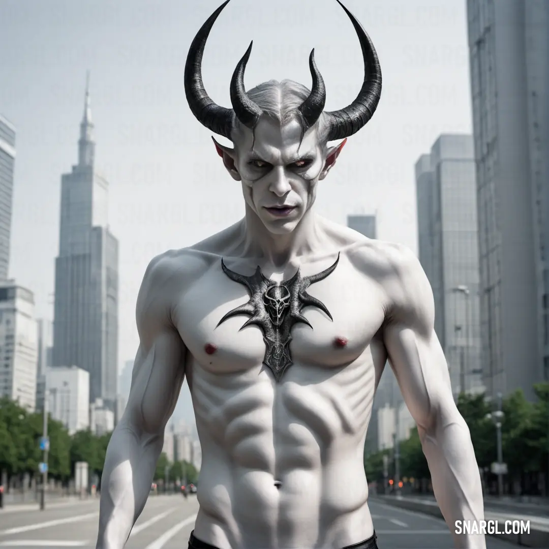 Satan with horns and a shirt on is standing in the street with his shirt open