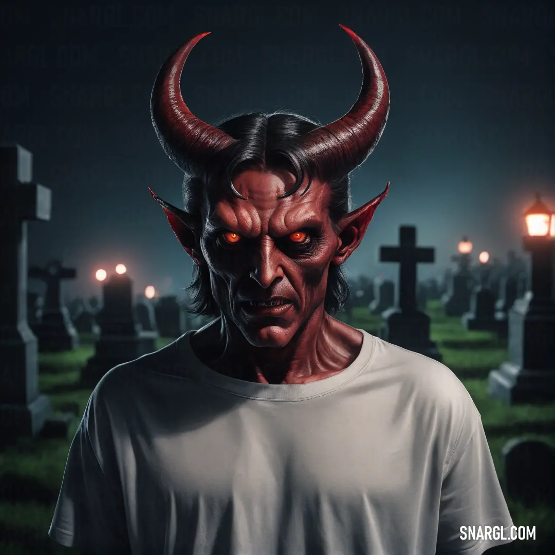 Satan with horns and a white shirt in a graveyard at night with a red light on his face