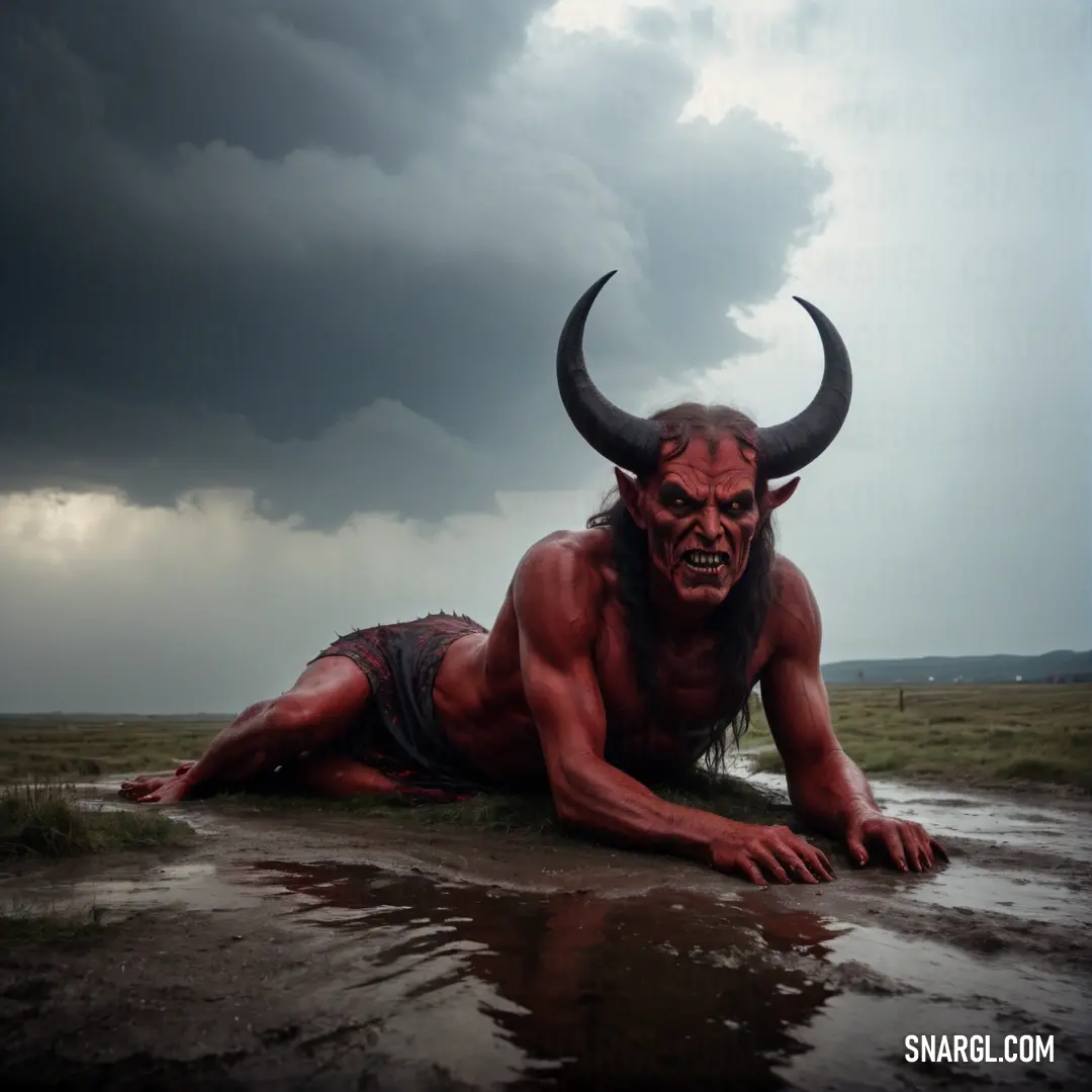 Satan with horns laying on the ground in the mud with a large horned head and horns on his face