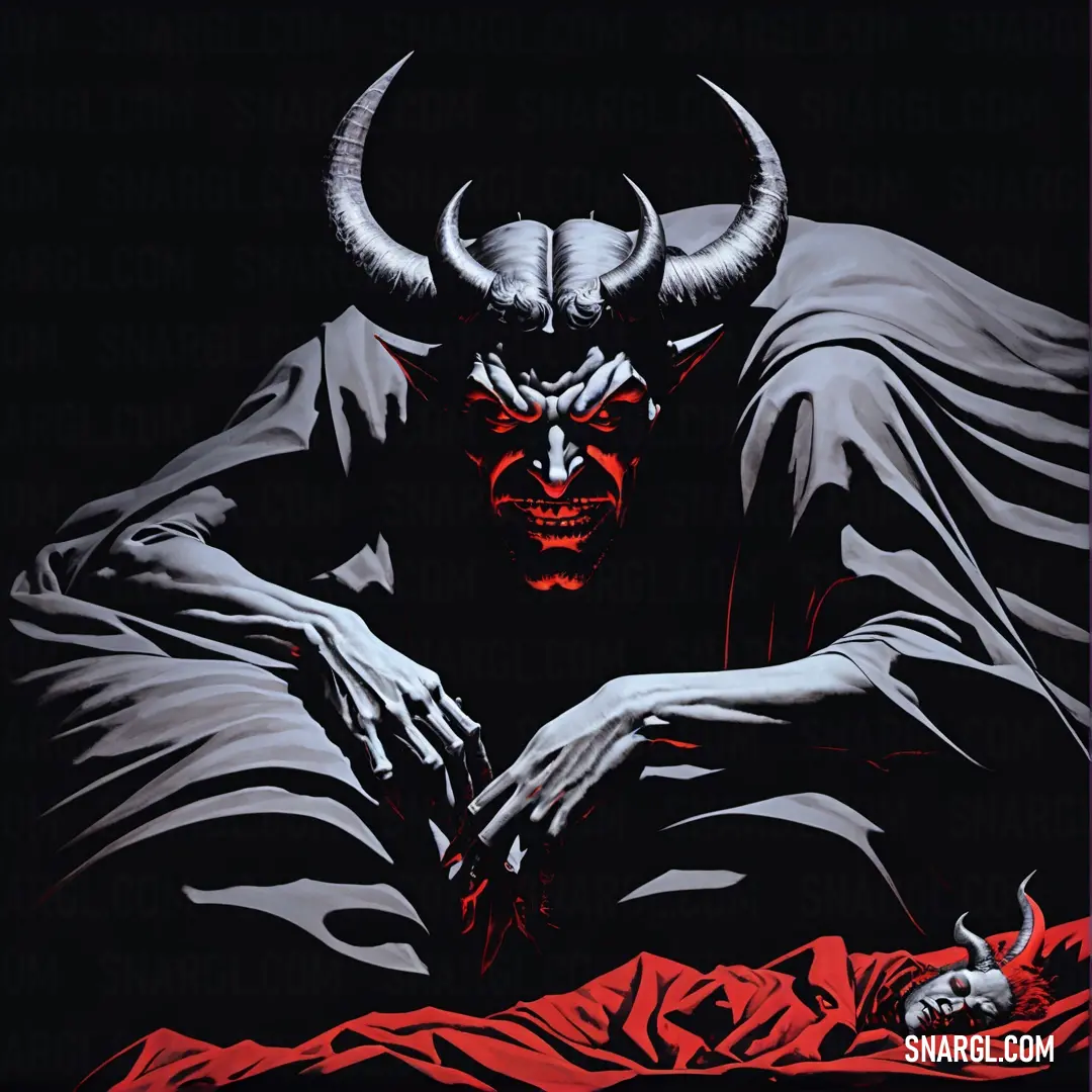Painting of a Satan with horns on his head and hands on his chest