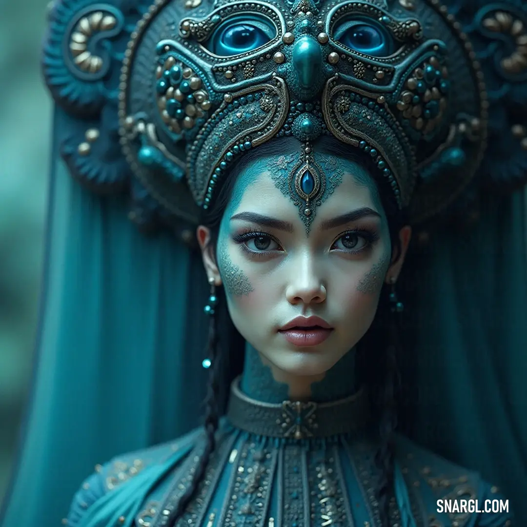 A beautifully decorated woman with striking blue makeup and an ornate headpiece that glistens under soft light, showcasing her serene expression and ethereal presence.