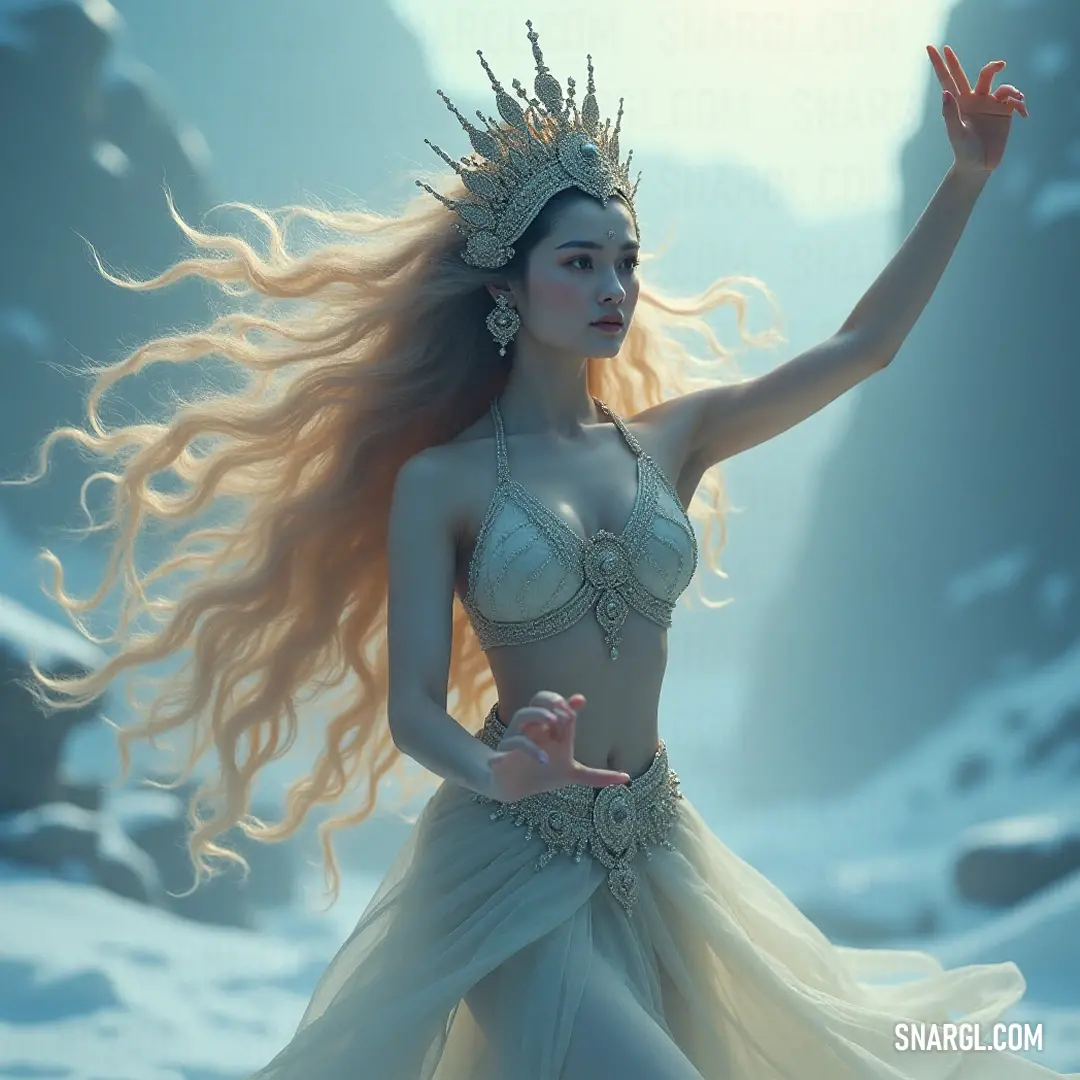 Sati is a vision of grace in a white gown adorned with a crown, raising one hand in a serene gesture, embodying purity and peace in a lush landscape filled with vibrant green flora.