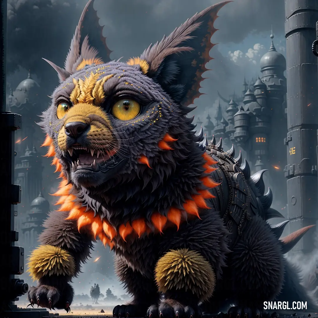 Furry creature with yellow eyes and spikes on its head