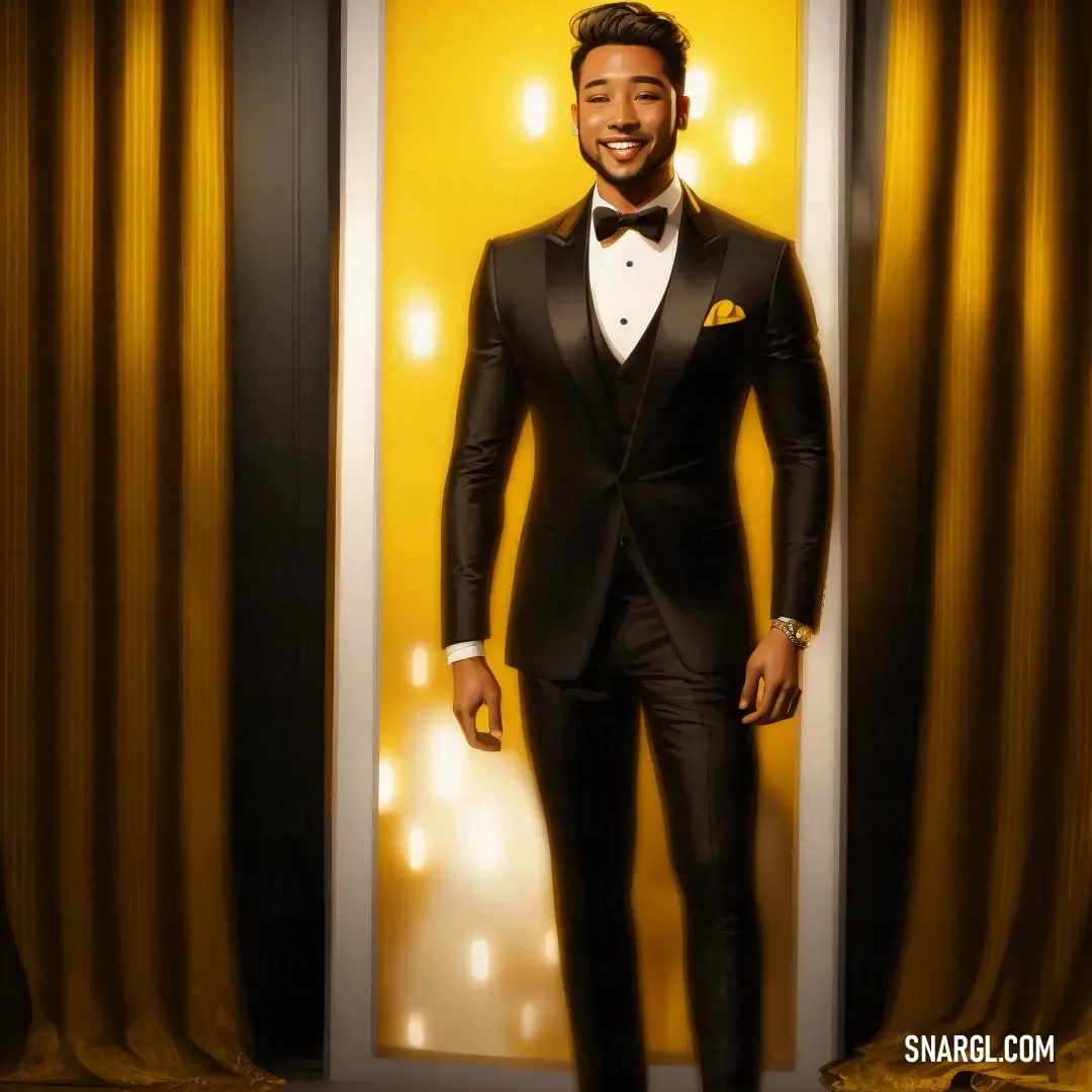 Man in a tuxedo standing in front of a yellow curtain with a smile on his face
