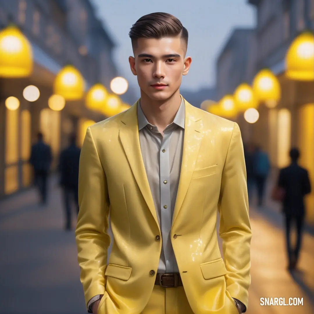 Man in a yellow suit standing on a sidewalk in a city at night with people walking by. Color CMYK 0,21,74,20.