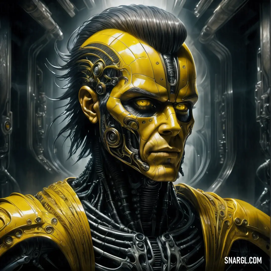 Man with a yellow face and black hair wearing a yellow helmet and a metal body suit with spikes. Example of Satin sheen gold color.