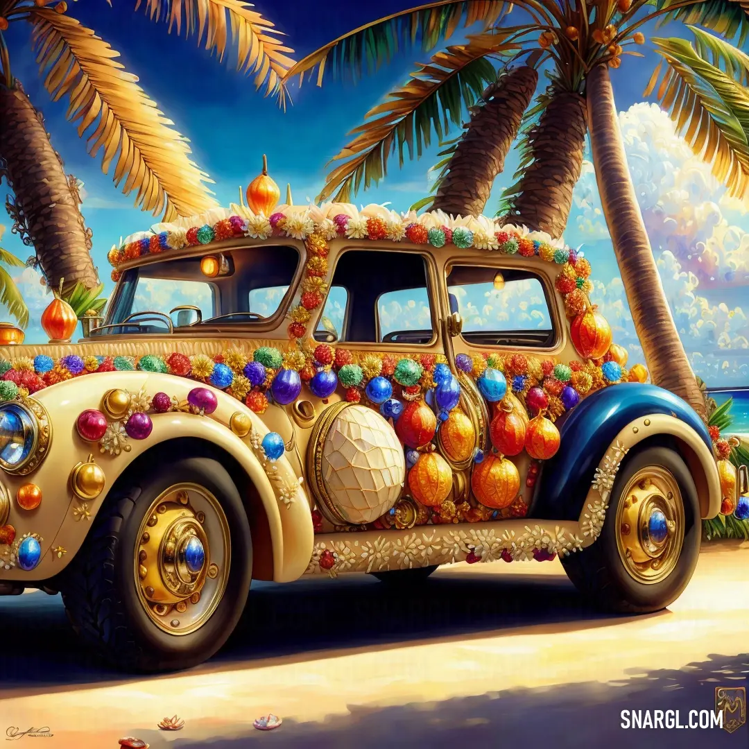 Painting of a car decorated with ornaments and balls on the beach with palm trees in the background and a blue sky