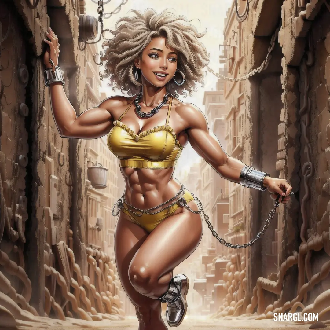 Satin sheen gold color. Woman in a bikini and chains is running through a tunnel with a gun in her hand