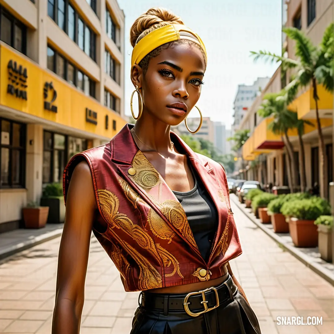 Woman in a red and gold top and black skirt and a yellow headband and a yellow. Example of Satin sheen gold color.