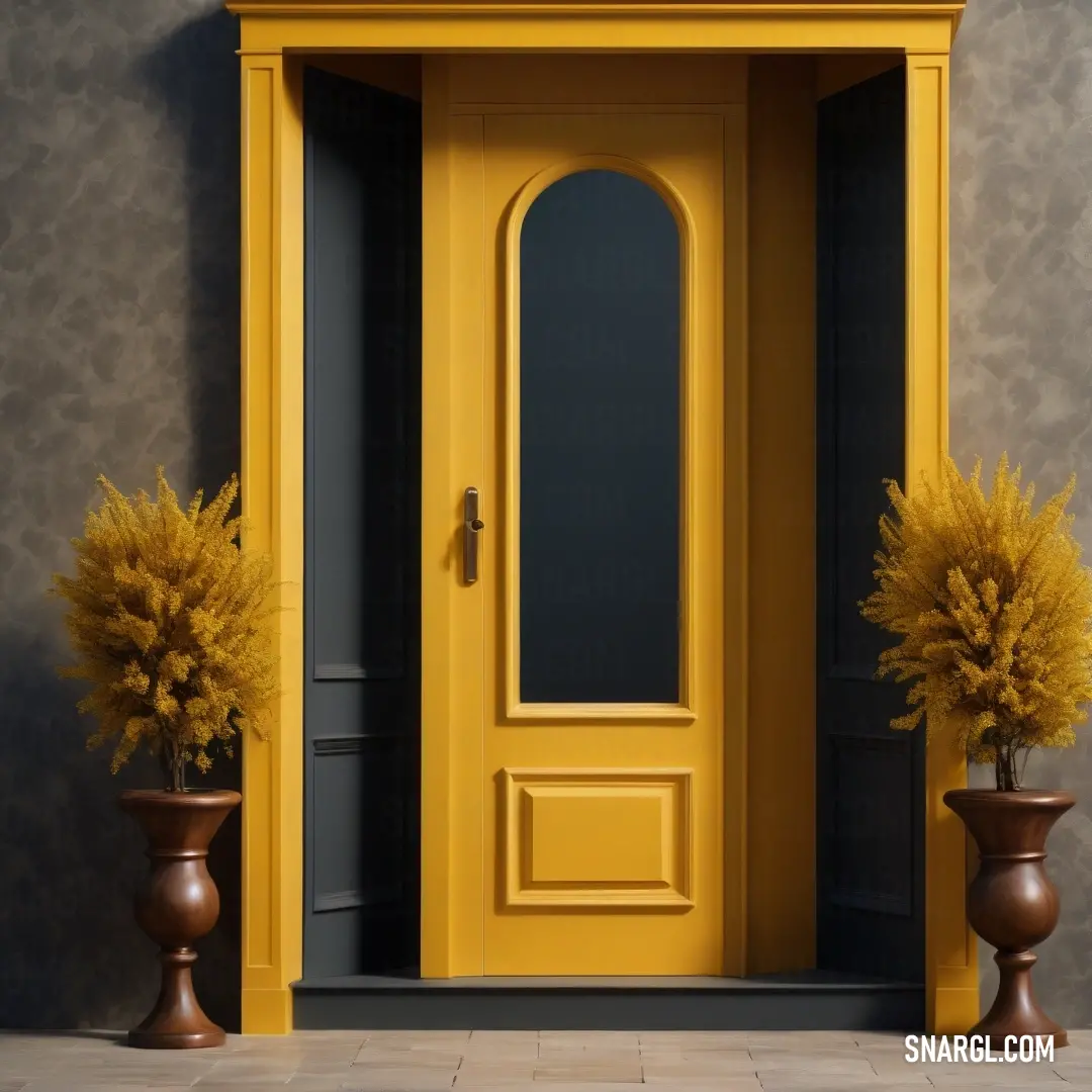Yellow door with two brown vases of flowers on either side of it. Example of Satin sheen gold color.
