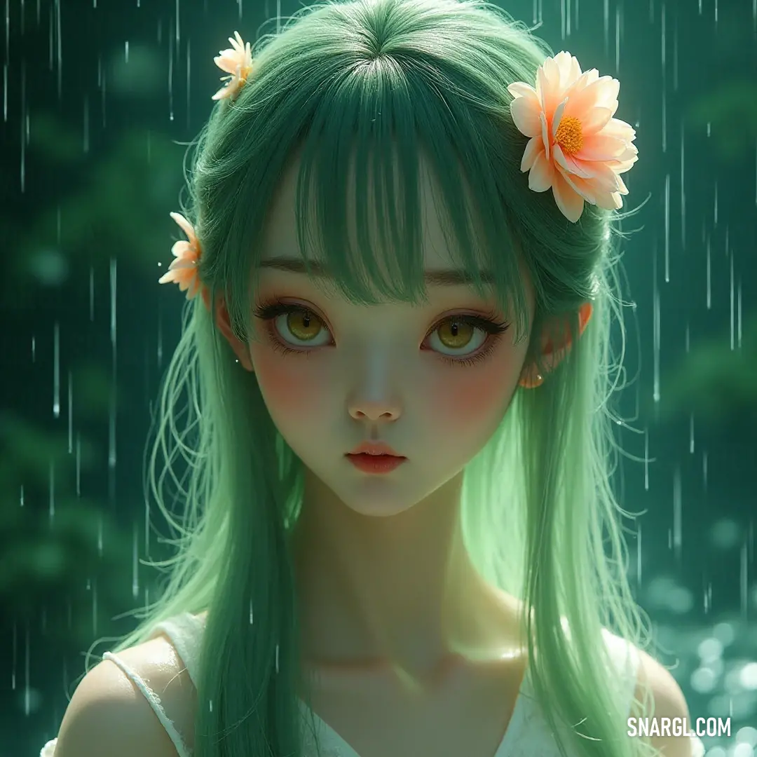 Satomi, with her lush green hair adorned with blooming flowers, stands gracefully under the soft patter of rain, creating a dreamlike atmosphere that encapsulates her enchanting allure.