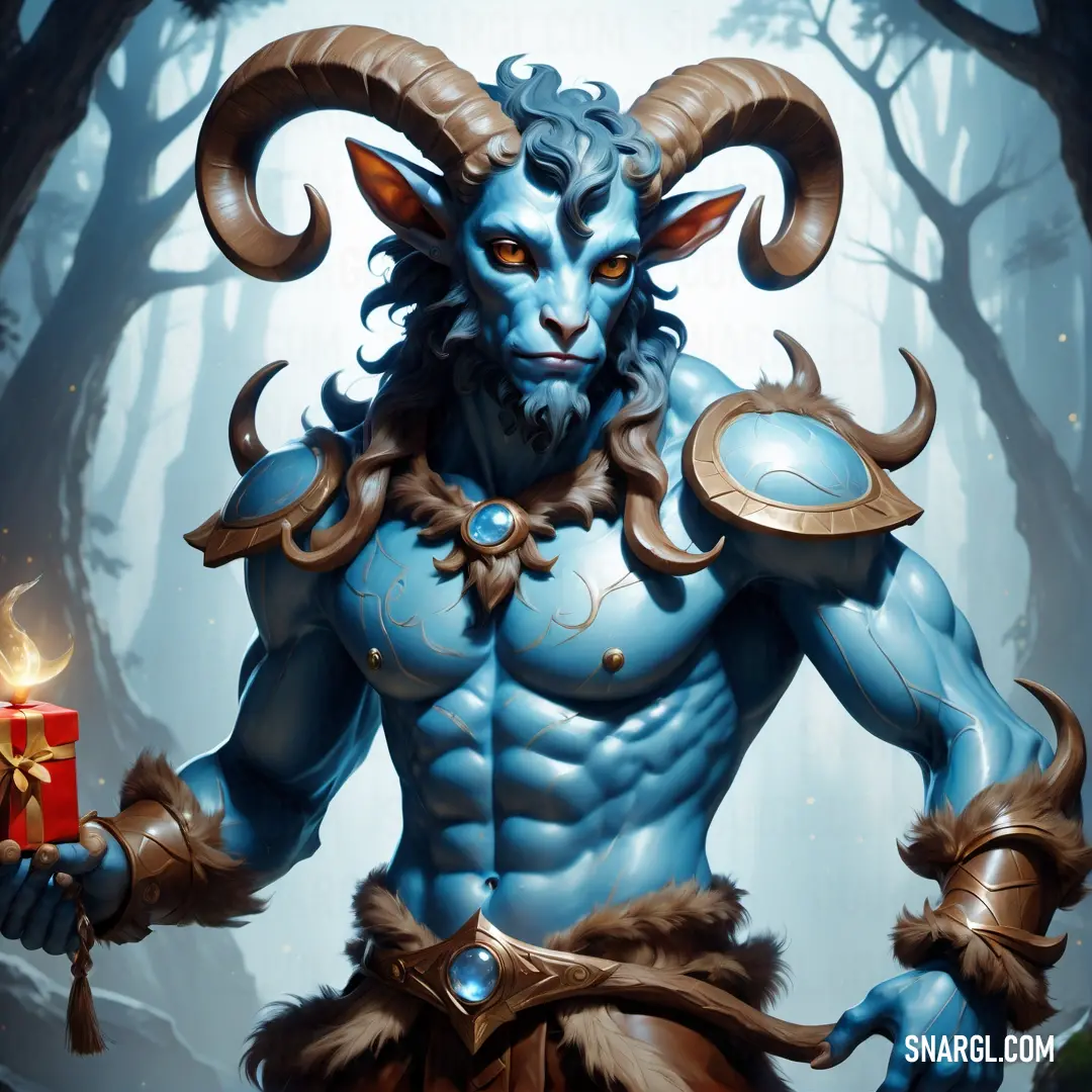 Blue Satyr with horns and a gift in his hand in a forest with trees