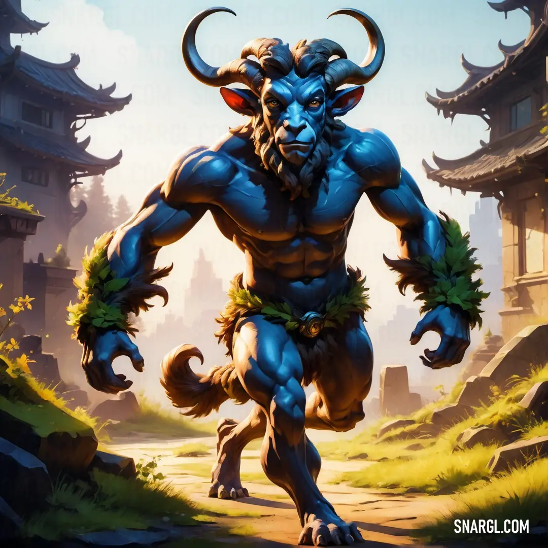 Blue Satyr with horns and a beard is walking through a field with grass and rocks in front of a pagoda
