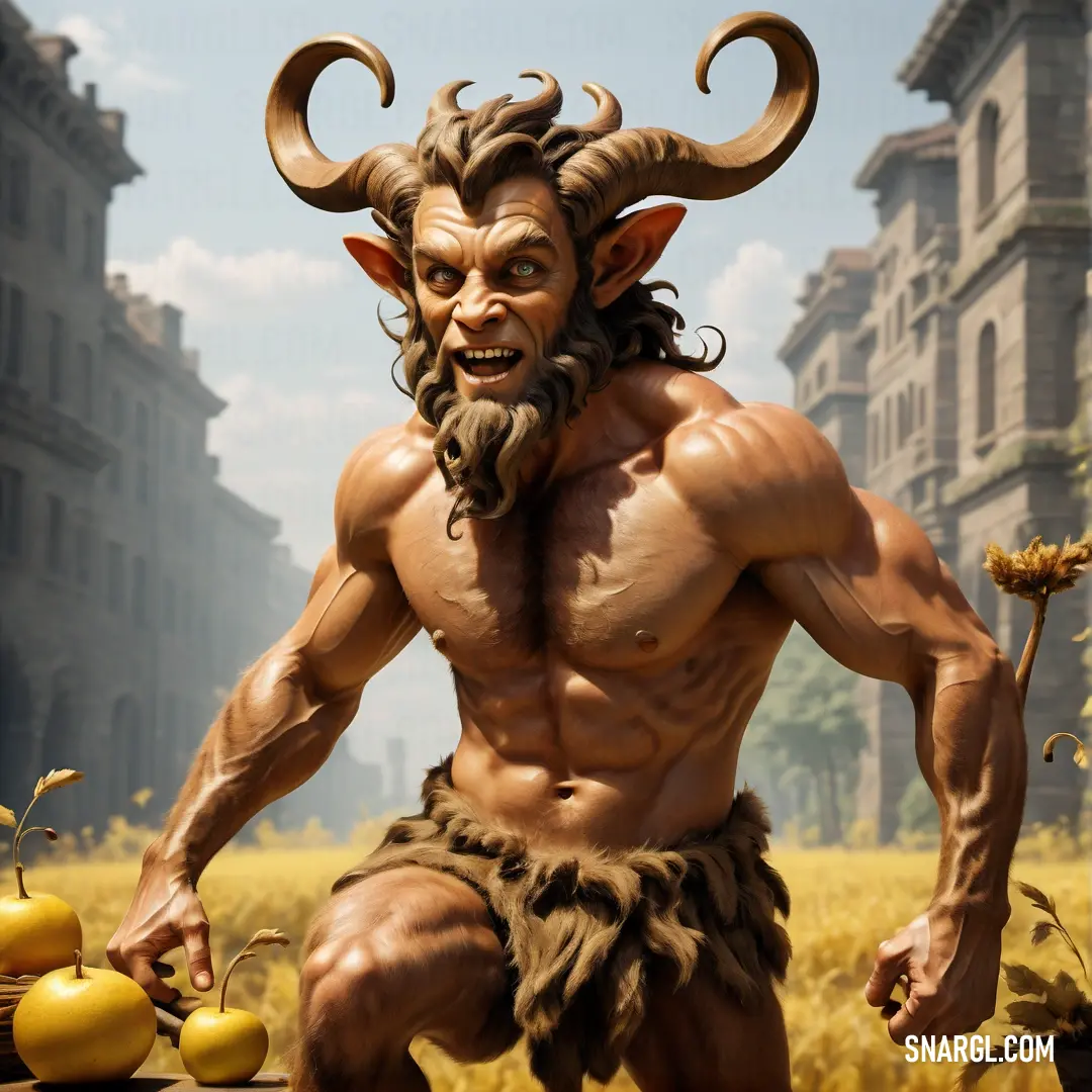 Satyr with a horned face and horns standing in a field of apples