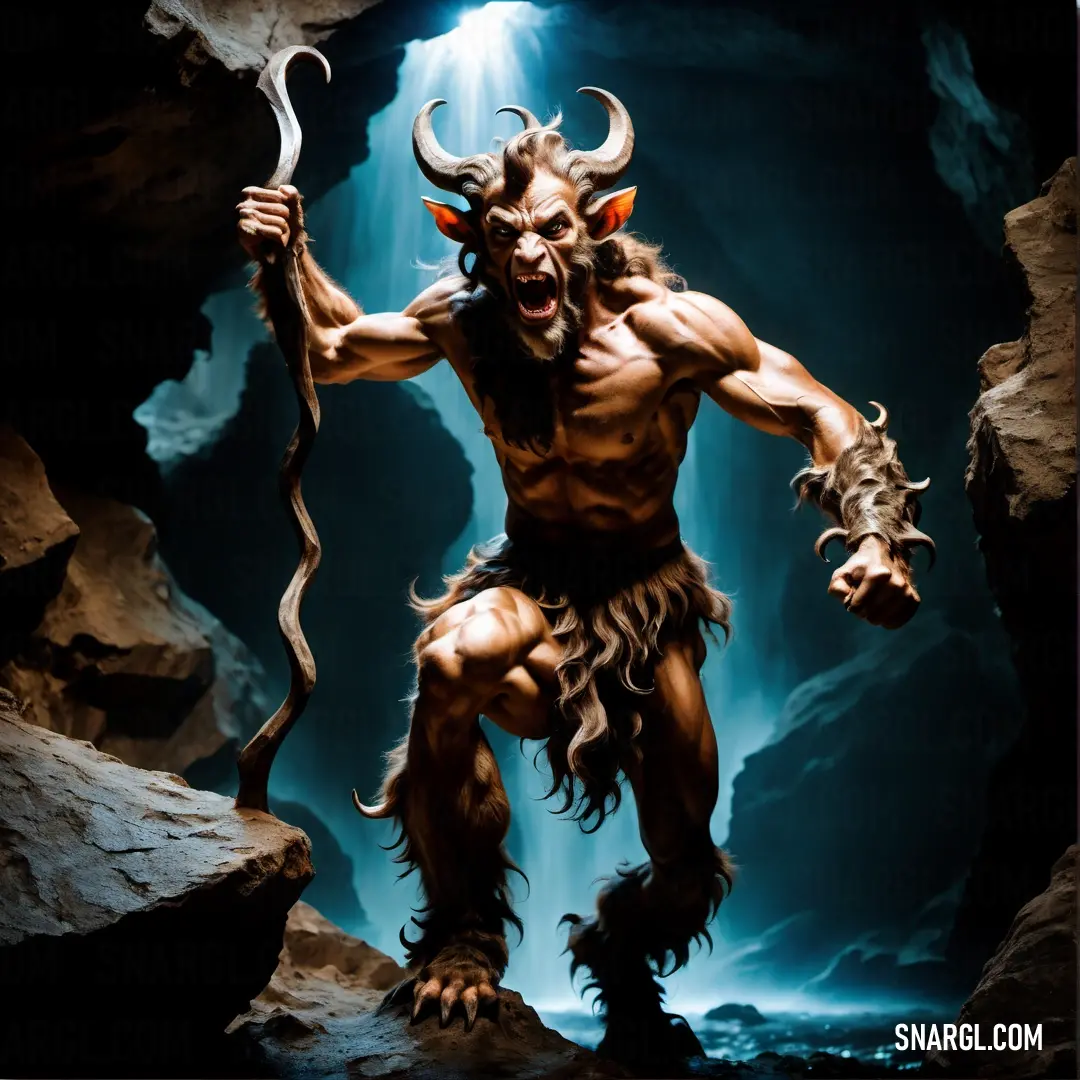 Satyr with a horned face and horns holding a staff in a cave with a waterfall in the background