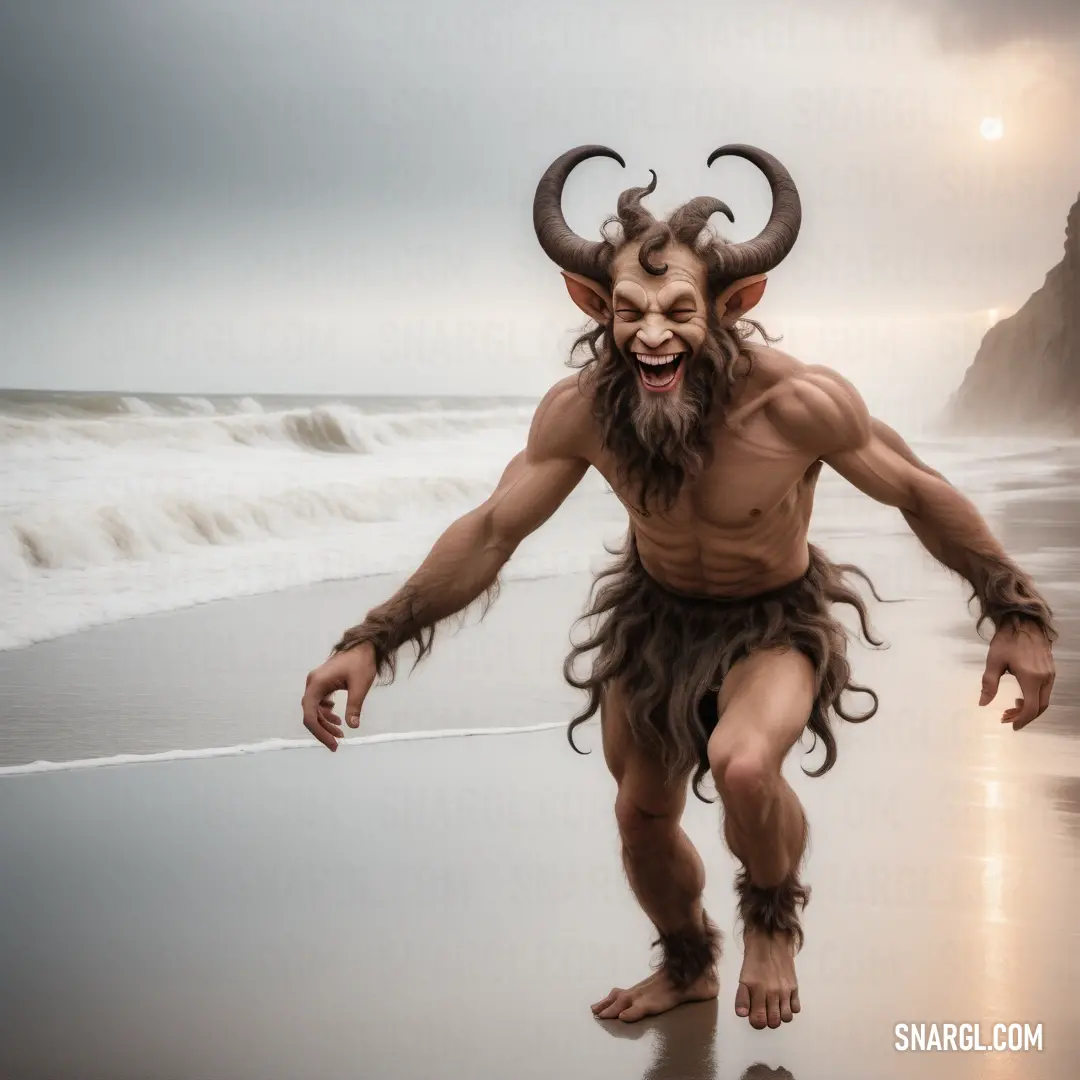 Satyr with a horned face and beard on a beach near the ocean with waves crashing in the background