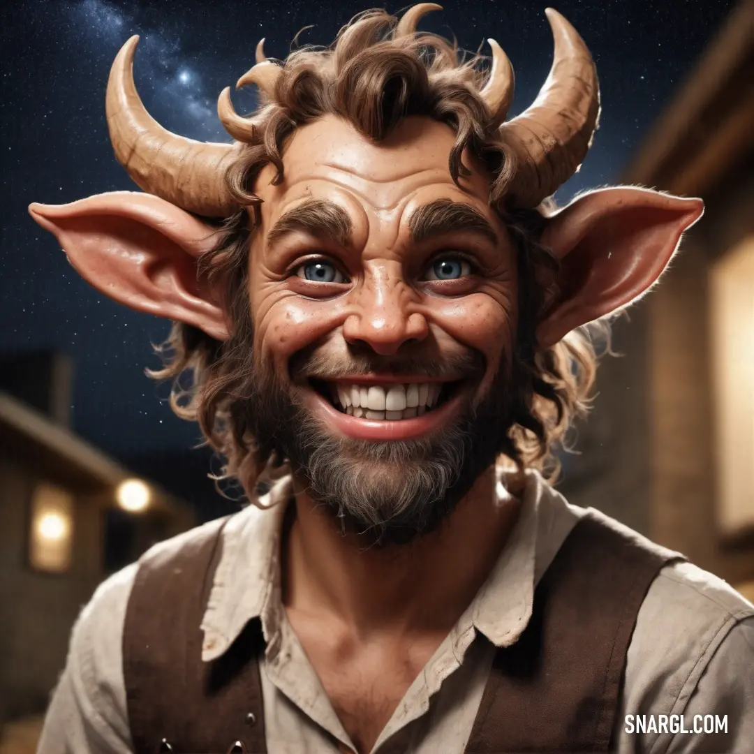 Satyr with a horned head and horns standing in front of a building with lanterns on it's sides