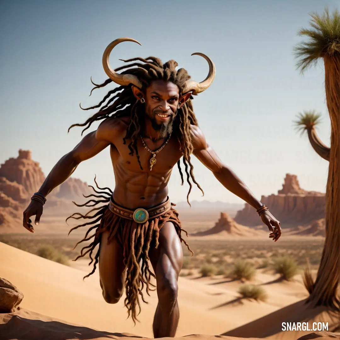 Satyr with dreadlocks running through the desert with a tree in the background