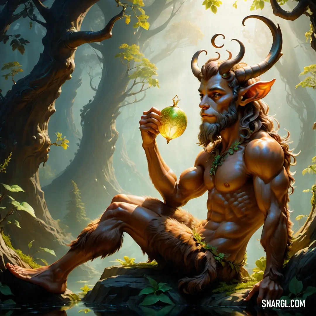 Satyr with horns and a beard in the woods holding a ball in his hand