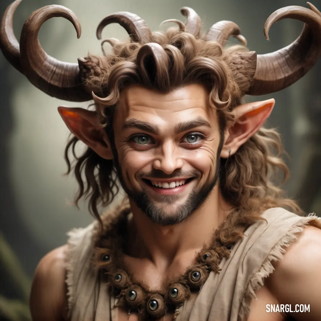 Satyr with horns and a beard smiling at the camera with a smile on his face