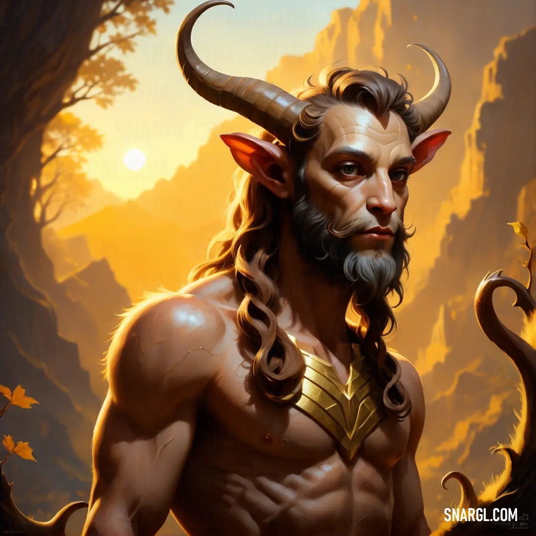 Satyr with horns and a beard with horns on his head and a beard