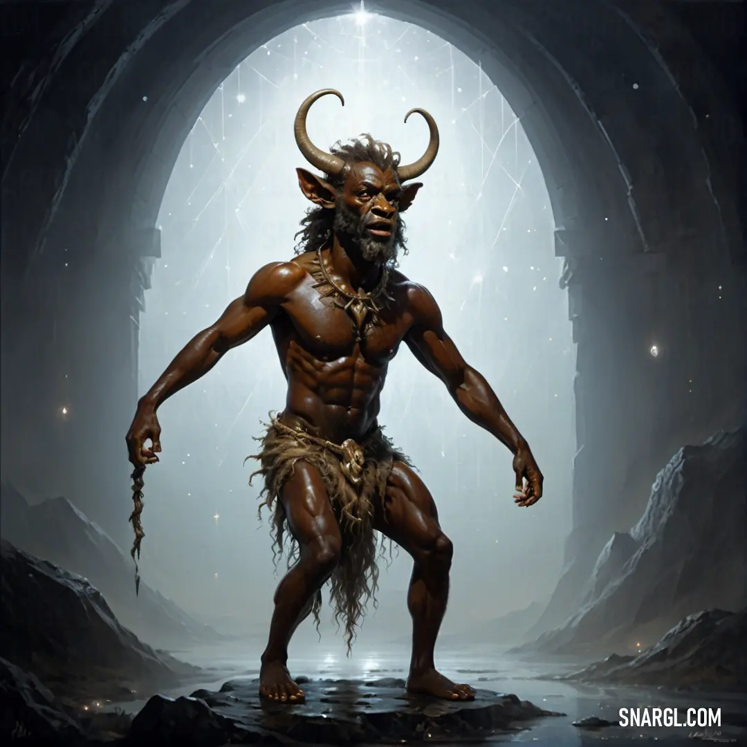 Satyr with horns and a horned face standing in a cave with a light shining through the tunnel behind him