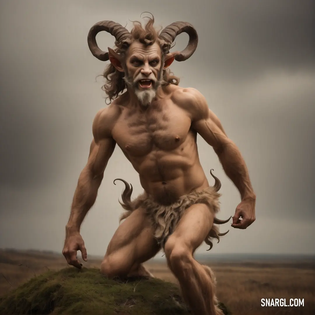Satyr with horns and a horned face is standing on a rock in a field with a cloudy sky