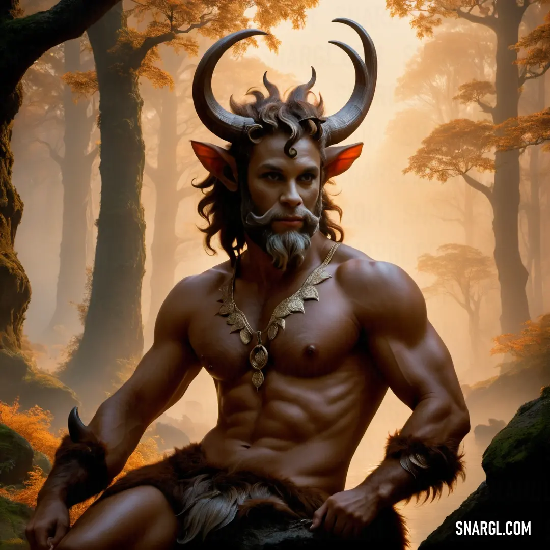 Satyr with horns and horns in the woods with a goat's head on his chest