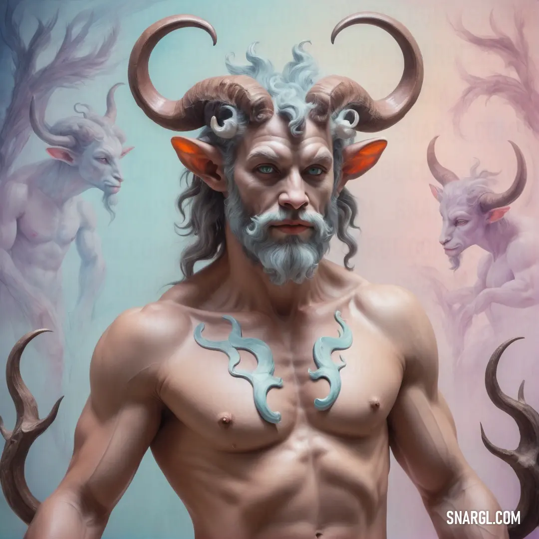 Man with horns and horns on his head and a Satyr face on his chest