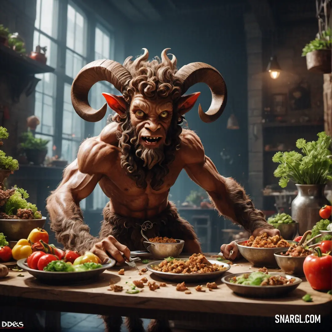 Satyr with horns and horns standing in front of a table full of food and vegetables