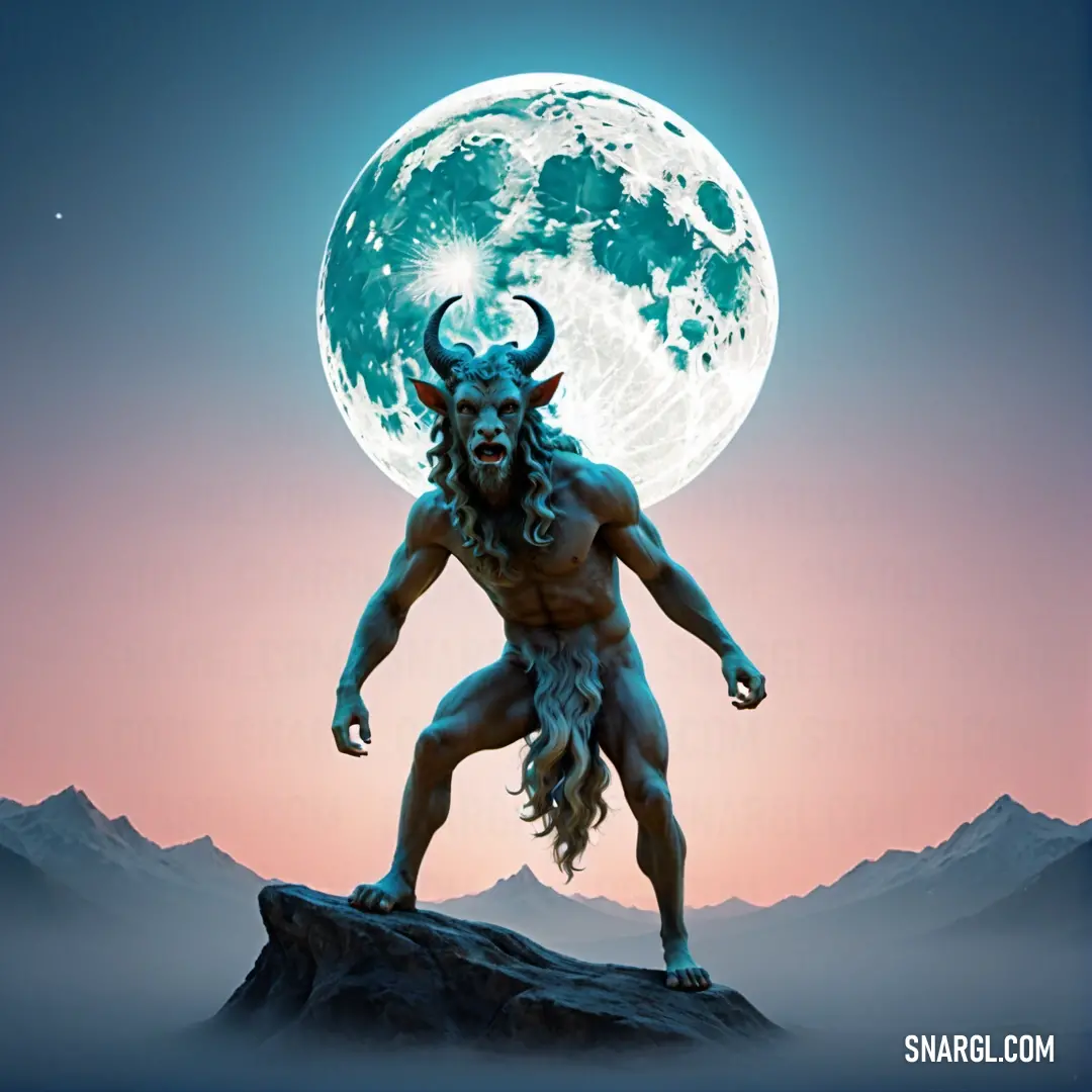 Satyr with horns and horns standing on a rock in front of a full moon with mountains in the background