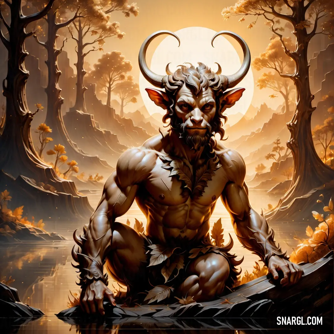 Satyr with horns and horns is eating food on a plate in a kitchen with a window behind him