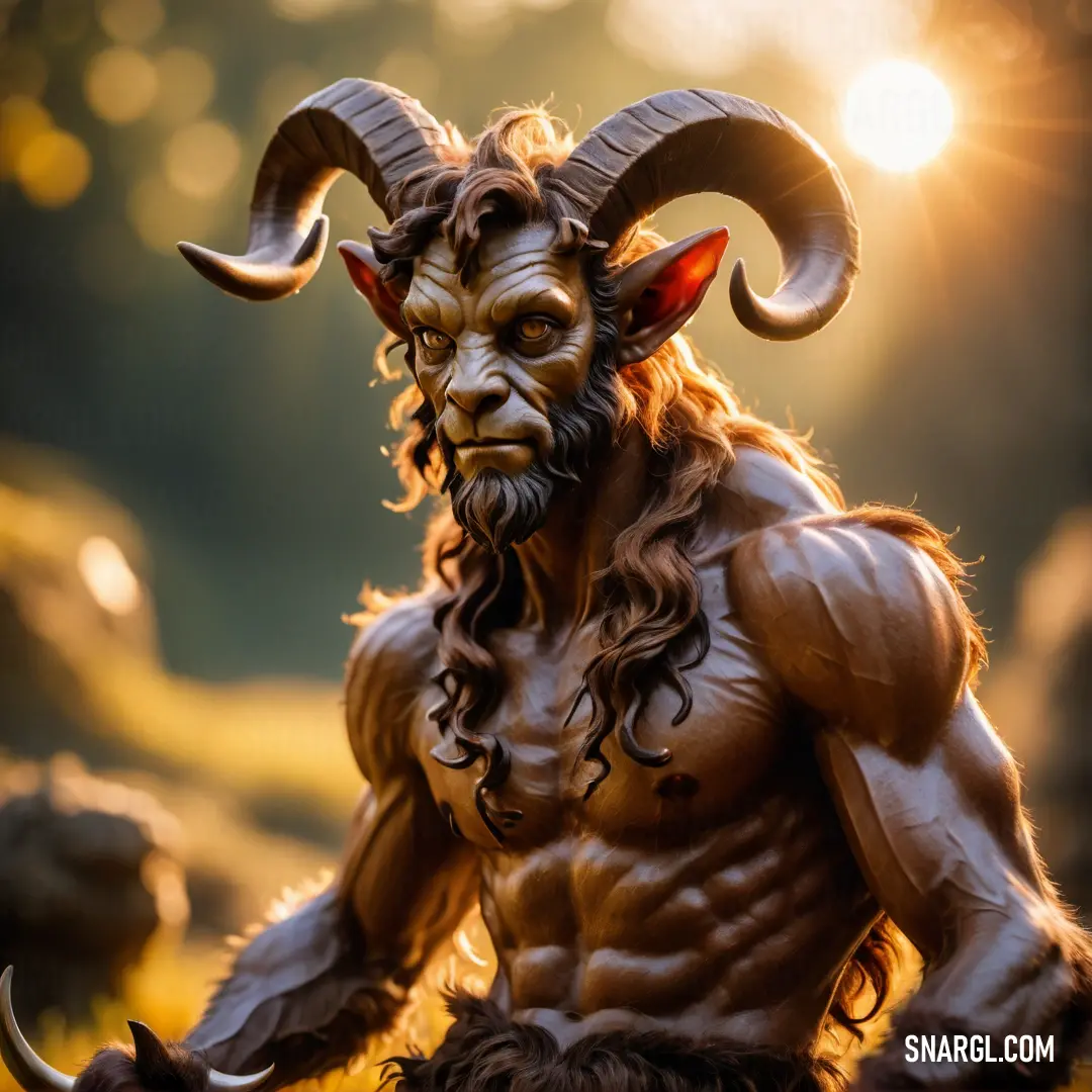 Man with long hair and horns is dressed in a costume of a Satyr with horns